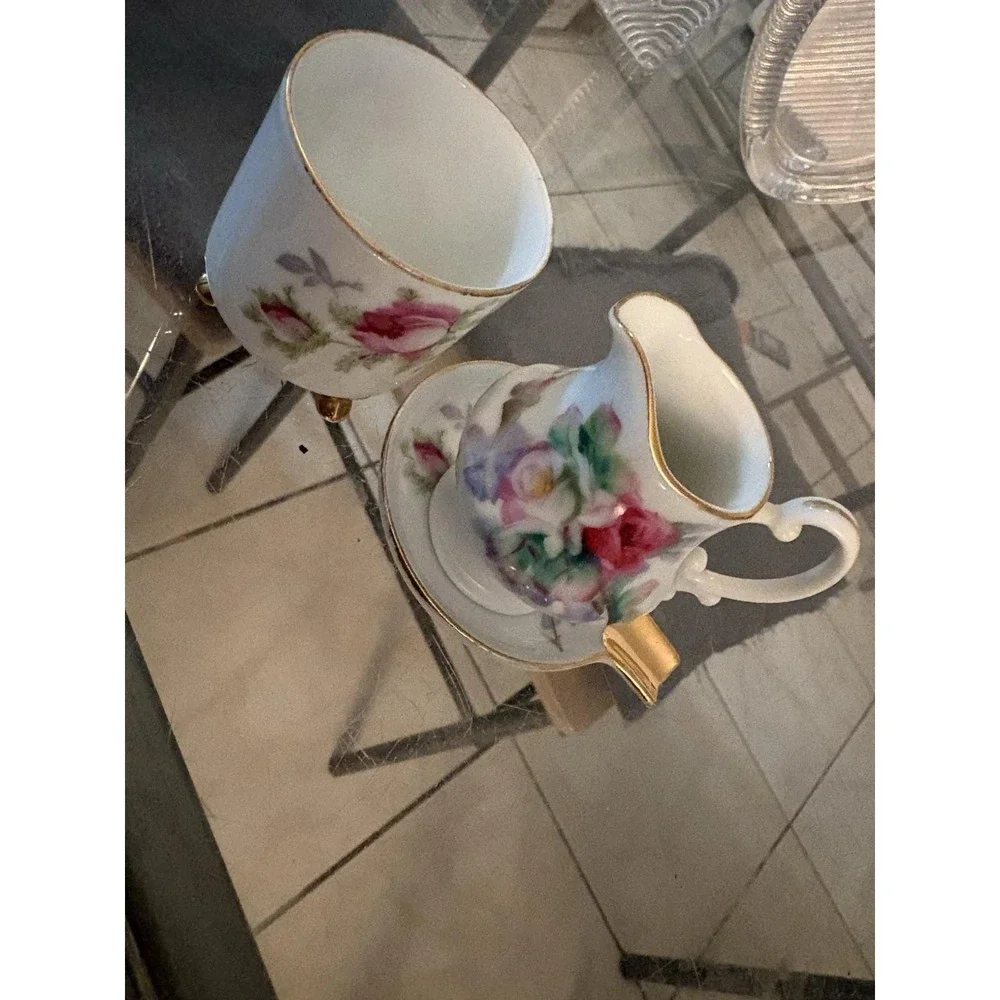 Vtg Lefton China Hand Painted Rose Mini Smoking Set Ashtray Creamer Japan